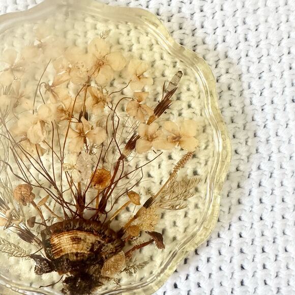 Resin Scalloped Edged Dried Preserved Pressed Wildflowers Seashell Wall Hanging - Picture 4 of 7